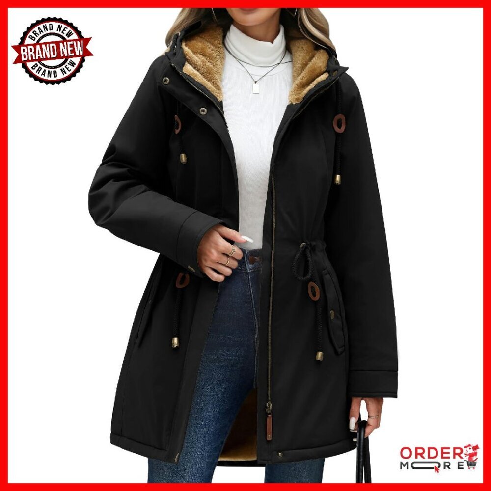 Waterproof Fleece-Lined Parka Jacket Women's Winter Coat Hooded Warm